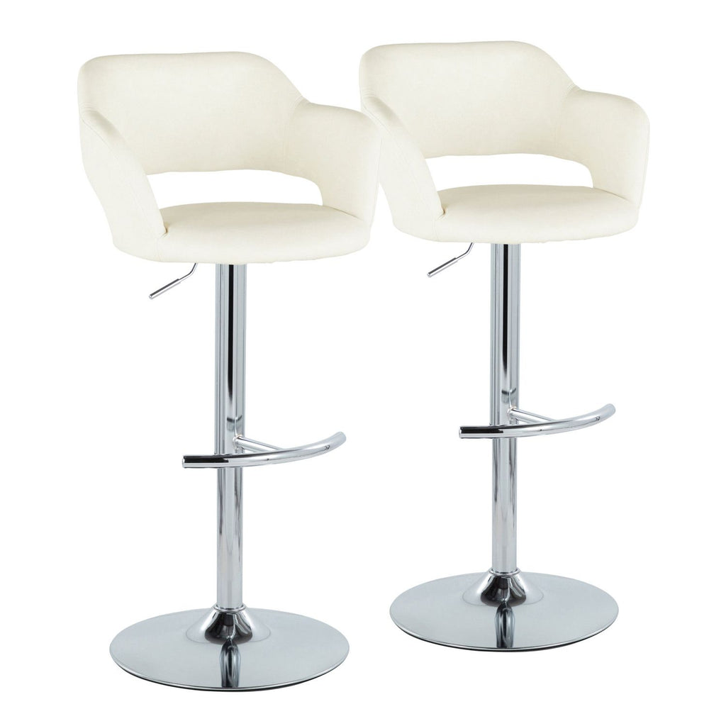 Margarite Contemporary Ajustable Barstool with Swivel in Chrome Metal and Cream Faux Leather with Rounded T Footrest by - Set of 2