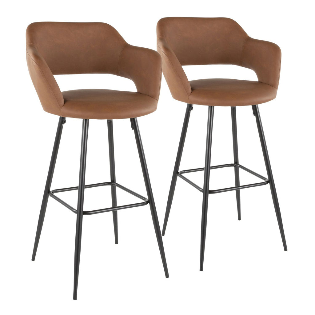 Margarite Contemporary Barstool in Black Metal and Brown Faux Leather by - Set of 2