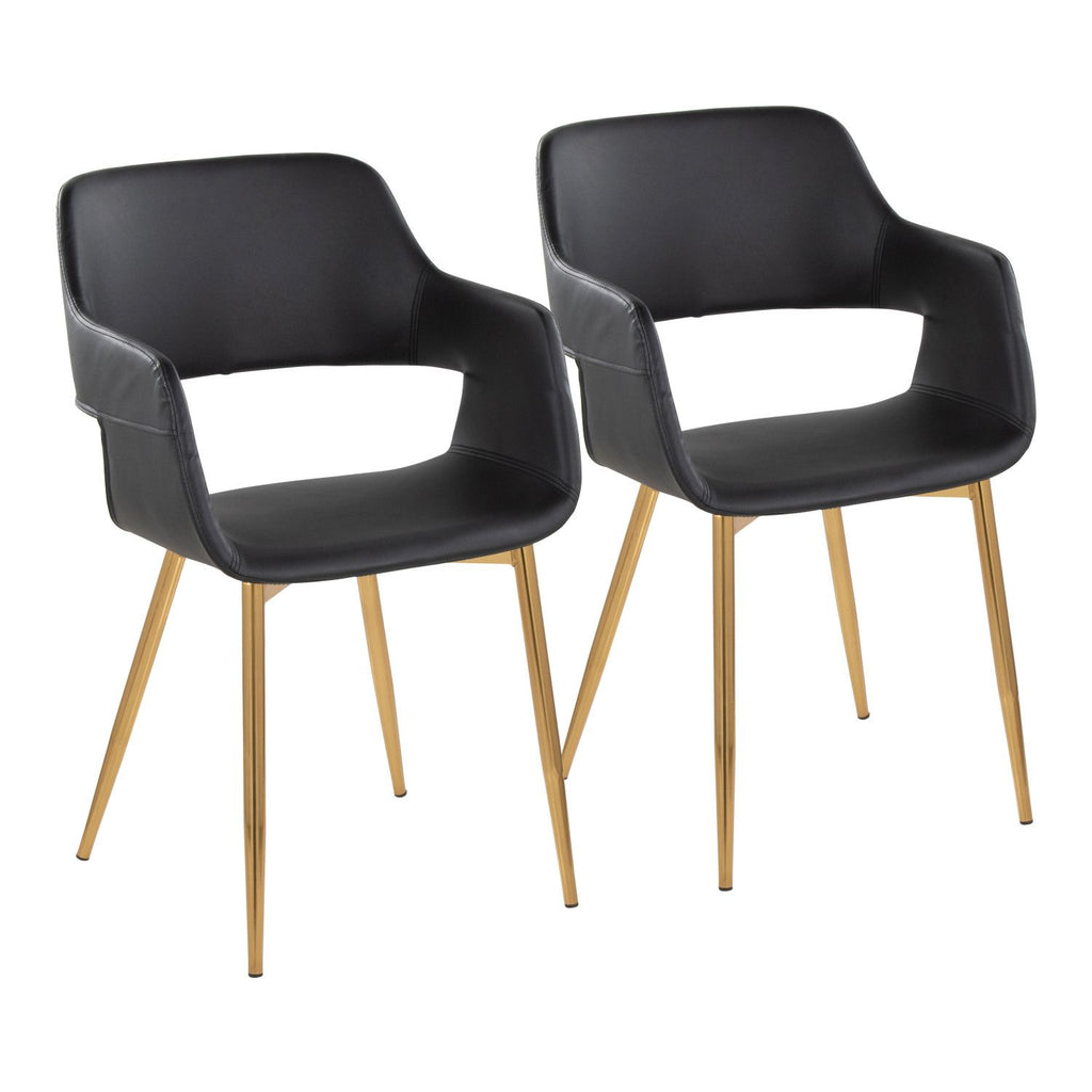 Margarite Contemporary Dining/Accent Chair in Gold Metal and Black Faux Leather by - Set of 2