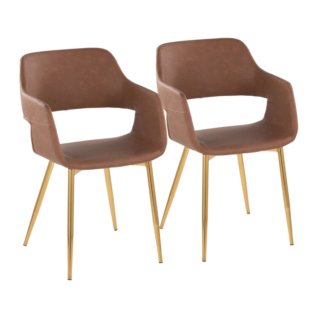 Margarite Contemporary Dining/Accent Chair in Gold Metal and Brown Faux Leather by - Set of 2