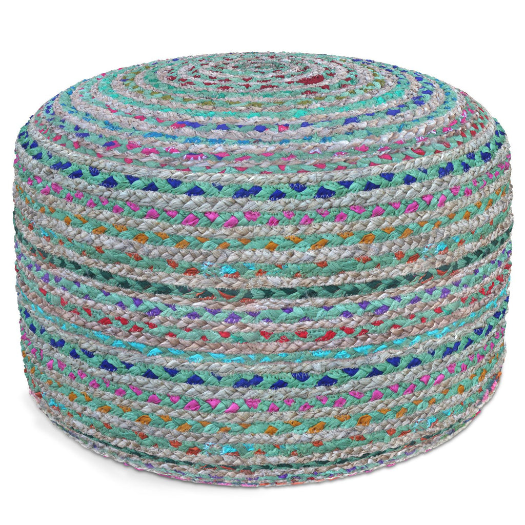 Margo 20 inch Wide Round Pouf in Green Handwoven Jute and Cotton