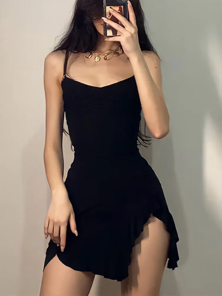 Sexy Black Mini Dress for Women Summer Sleeveless Backless Folds Split A-Line Party Dress with Elegant Strap Details