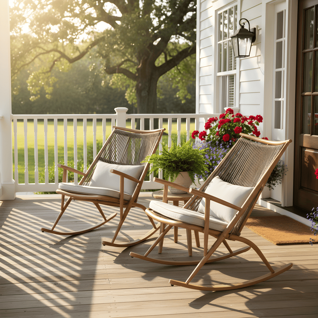 Matched Set of 2 Iron Rocking Chairs with Maple Finish & Gray PE Rattan