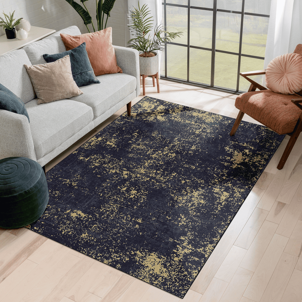 MAVAL Black Washable Rug 3x5 Area Rug (Black+Gold, 3' x 5') Modern, Contemporary, Non-Shedding & Easy to Clean, Ideal for Living Room, Bedroom, Dining Space, 60*36 inch