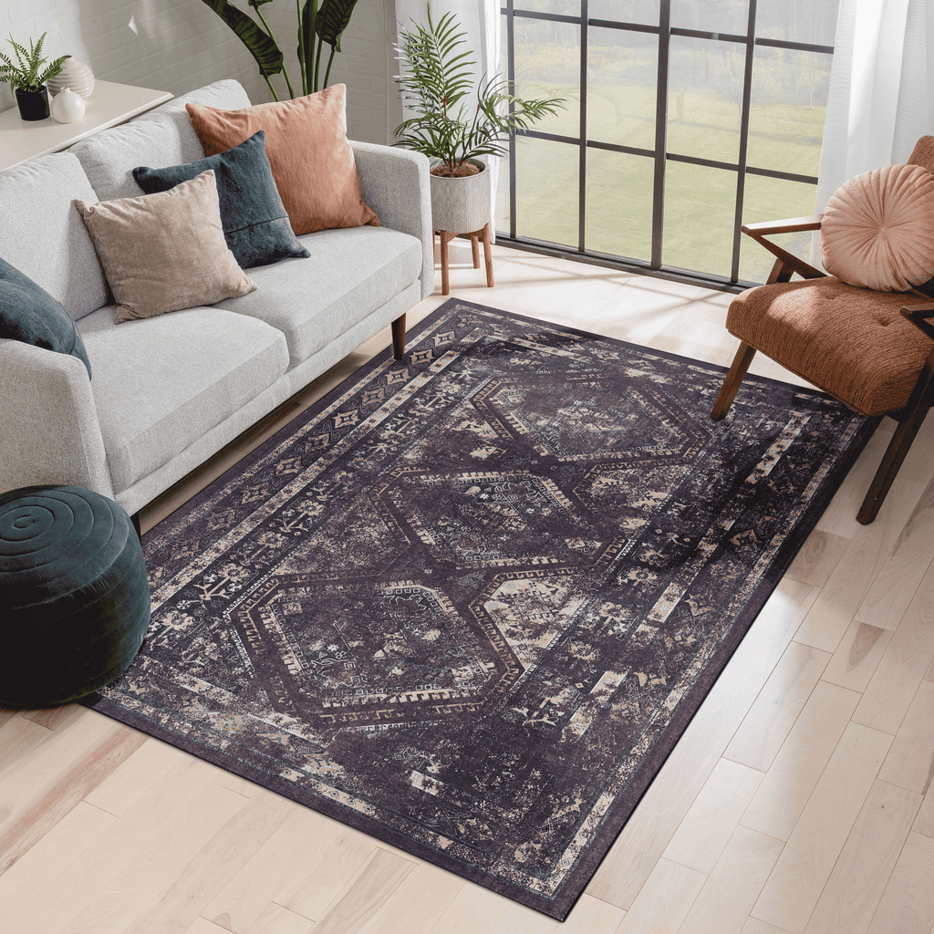 MAVAL Black Washable Rug 4x6 Area Rug (Black+Burgundy, 4' x 6') Modern, Contemporary, Non-Shedding & Easy to Clean, Ideal for Living Room, Bedroom, Dining Space, 72*48 inch