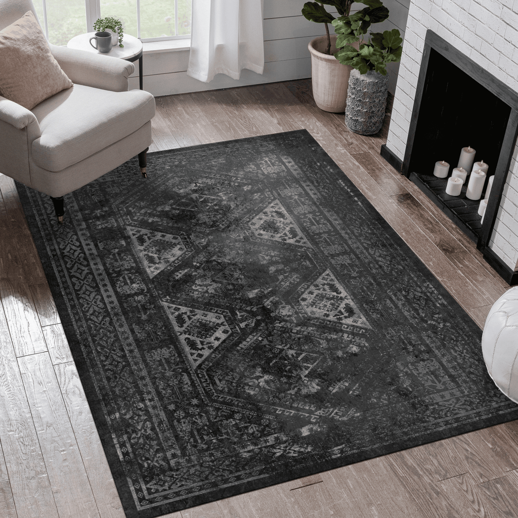 MAVAL Black Washable Rug 5x8 Area Rug (Black+Gray, 5' x 8')