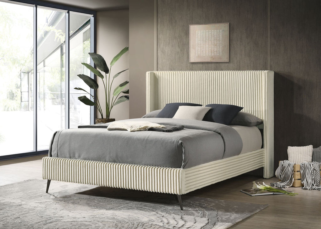 Mavela Wide Wale Corduroy Upholstery Panel Queen Bed, Cream