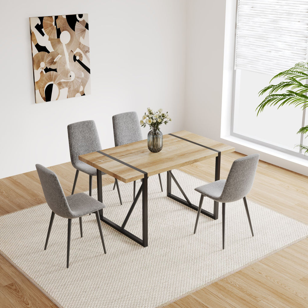 MDF Wood Colour Dining Table and Modern Dining Chairs Set of 4, Mid Century Wooden Kitchen Table Set, Metal Base & Legs, Dining Room Table and Linen Chairs