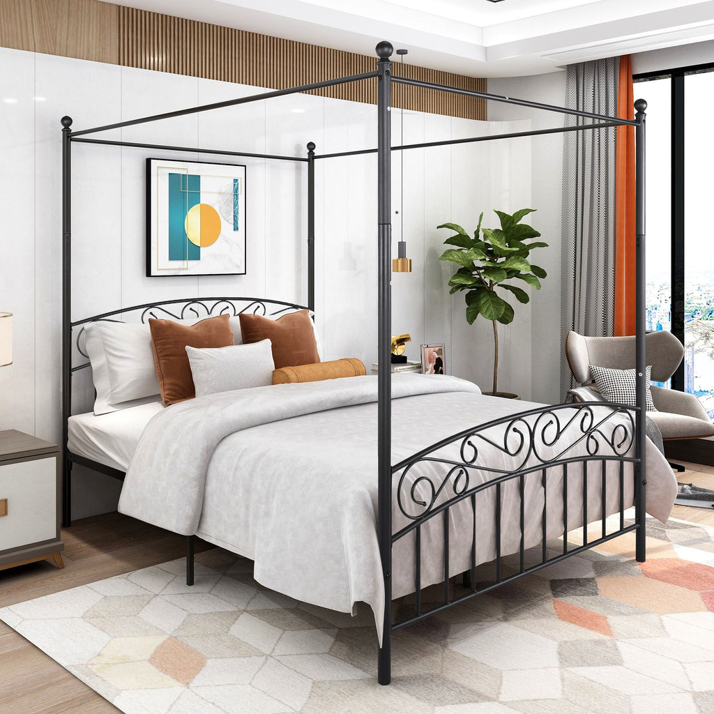 Metal Canopy Bed Frame with Ornate European Style Headboard &amp; Footboard Sturdy Steel Holds 600lbs Perfectly Fits Your Mattress Easy DIY Assembly All Parts Included; Queen Black