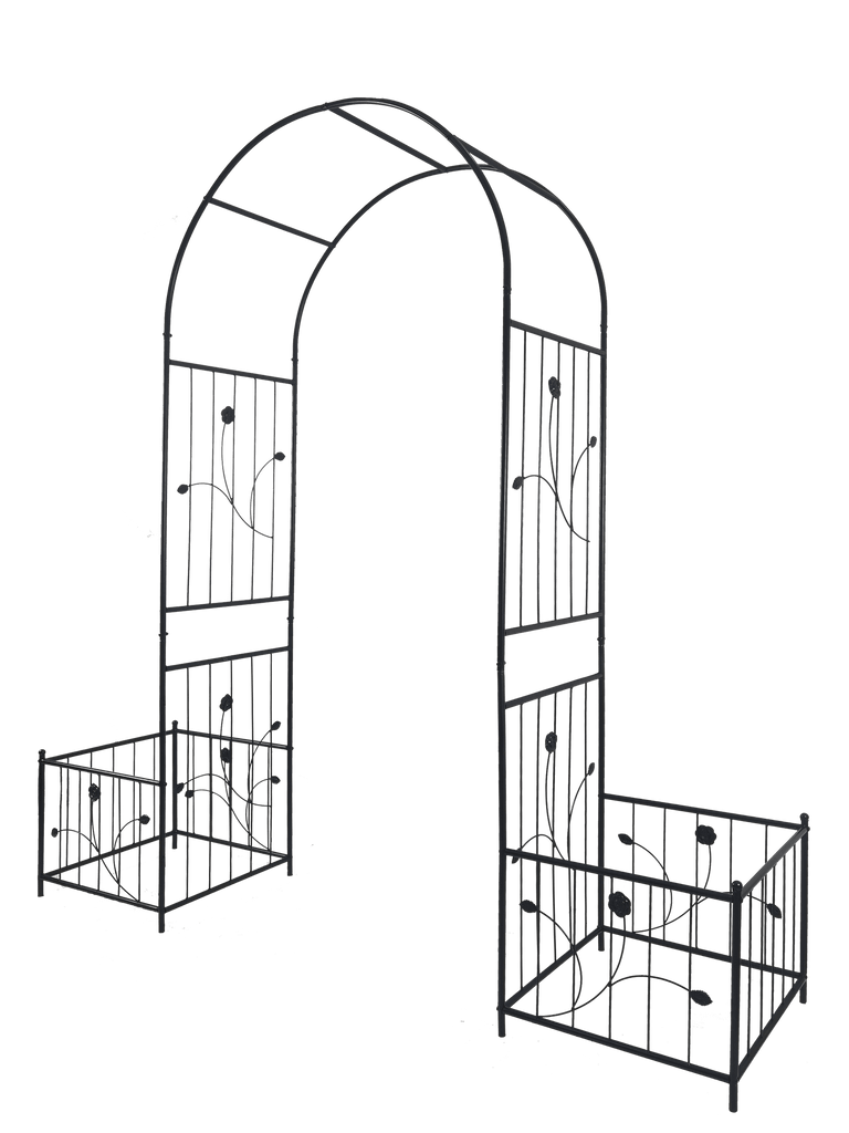 Metal Garden Arch with two plant stands 79.5'' Wide x 86.6'' High Climbing Plants Support Rose Arch Outdoor Black