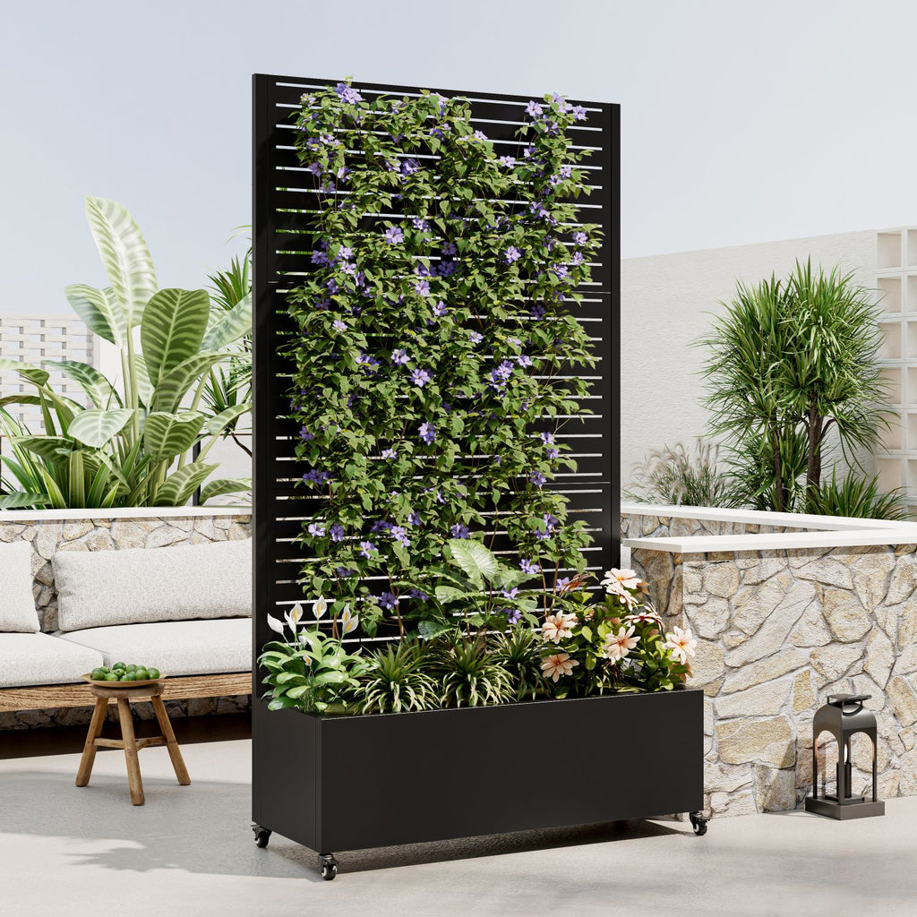 Metal Planter Box with Trellis Raised Garden Bed with 4 wheelsTrellis & Privacy Screen for Climbing Plants, Vegetables, Vines