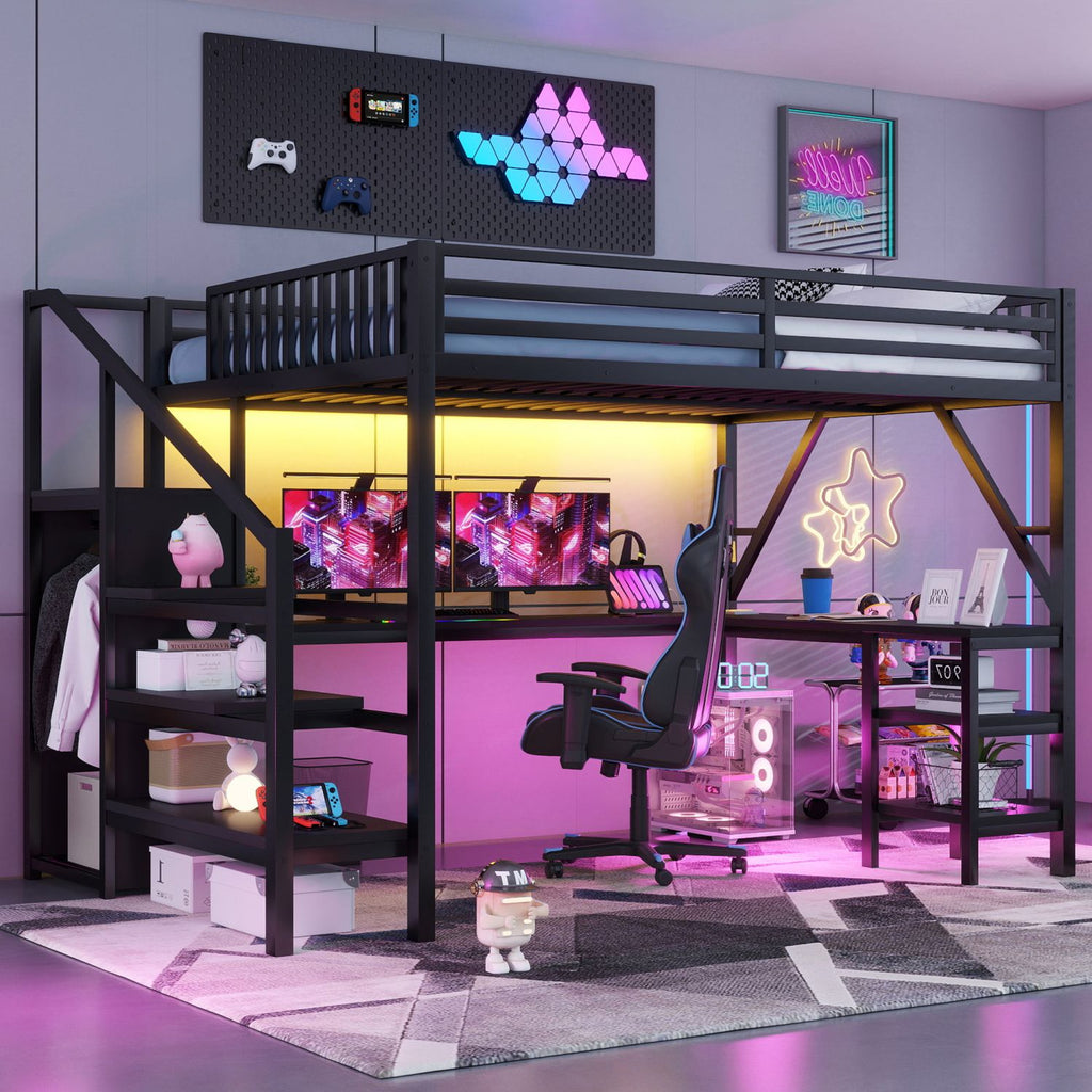 Metal Queen Loft Bed with Wardrobe and LED Light, Queen Size Loft Bed with L Shaped Desk and USB for Kids Teens Adults, Black(Old SKU W2593S00043,Expect Arrival Date 2026/3/7)