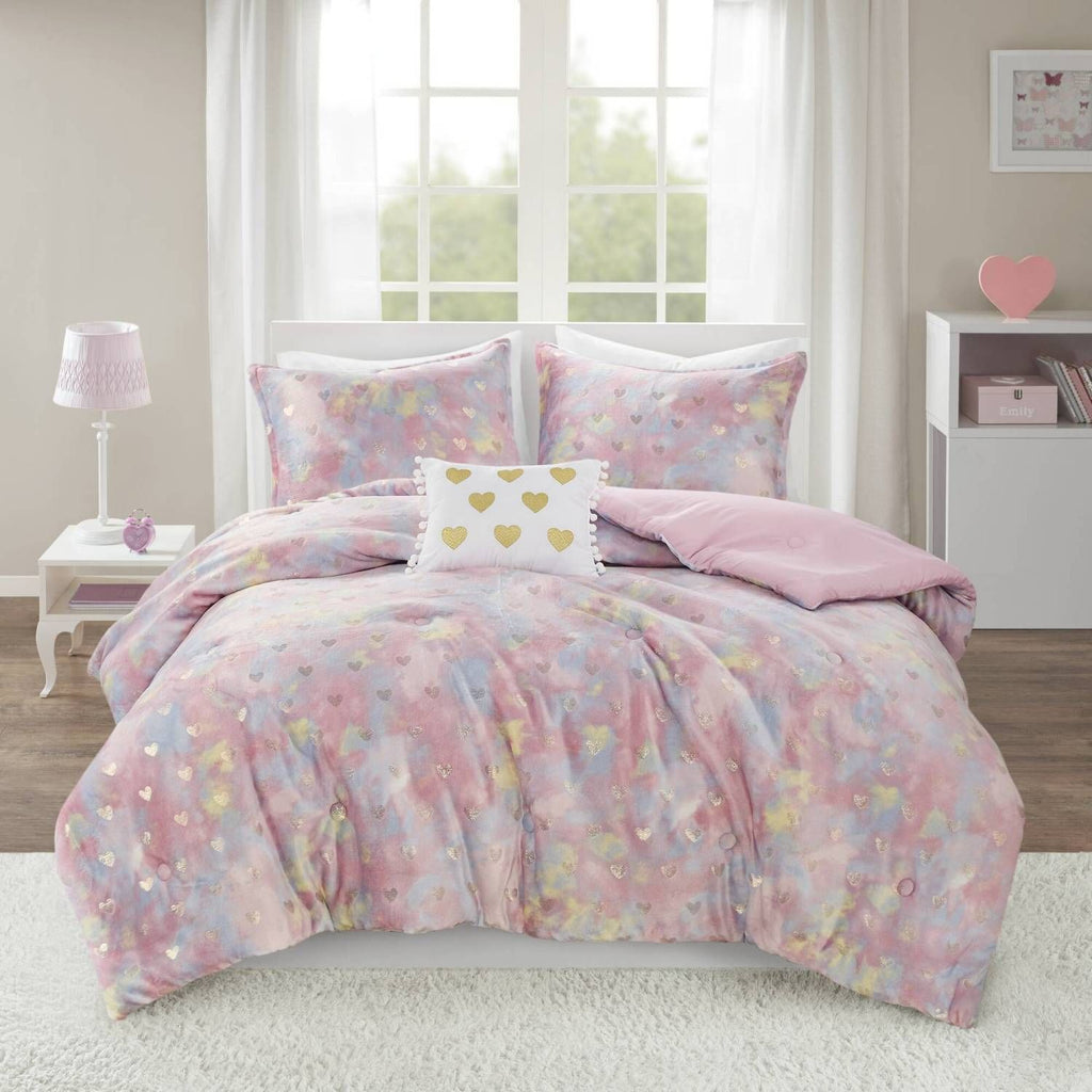 Metallic Printed Plush Comforter Set with Throw Pillow Full/Queen