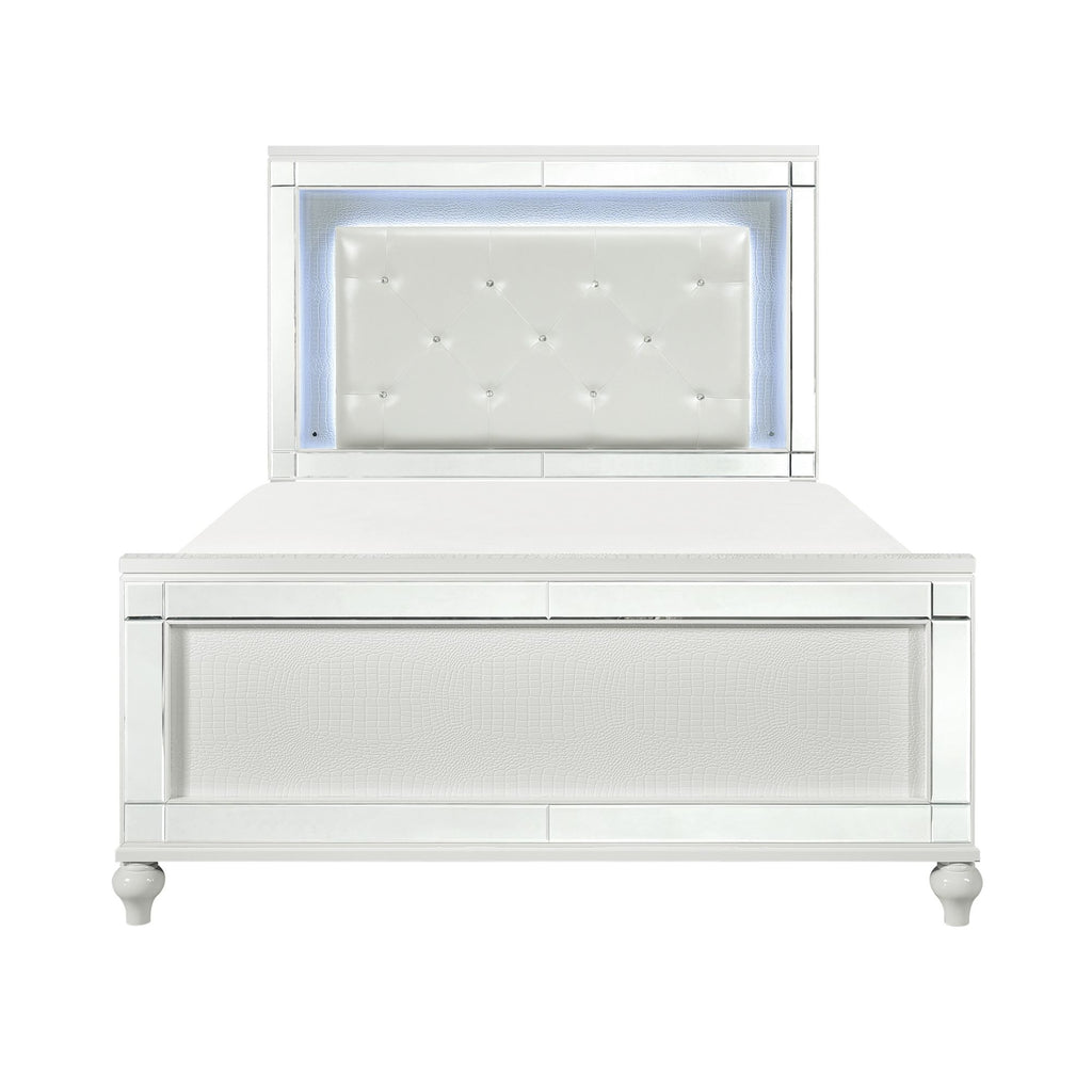 Metallic White Finish Queen Bed LED Headboard Button-Tufted Modern Glam Bedroom Furniture