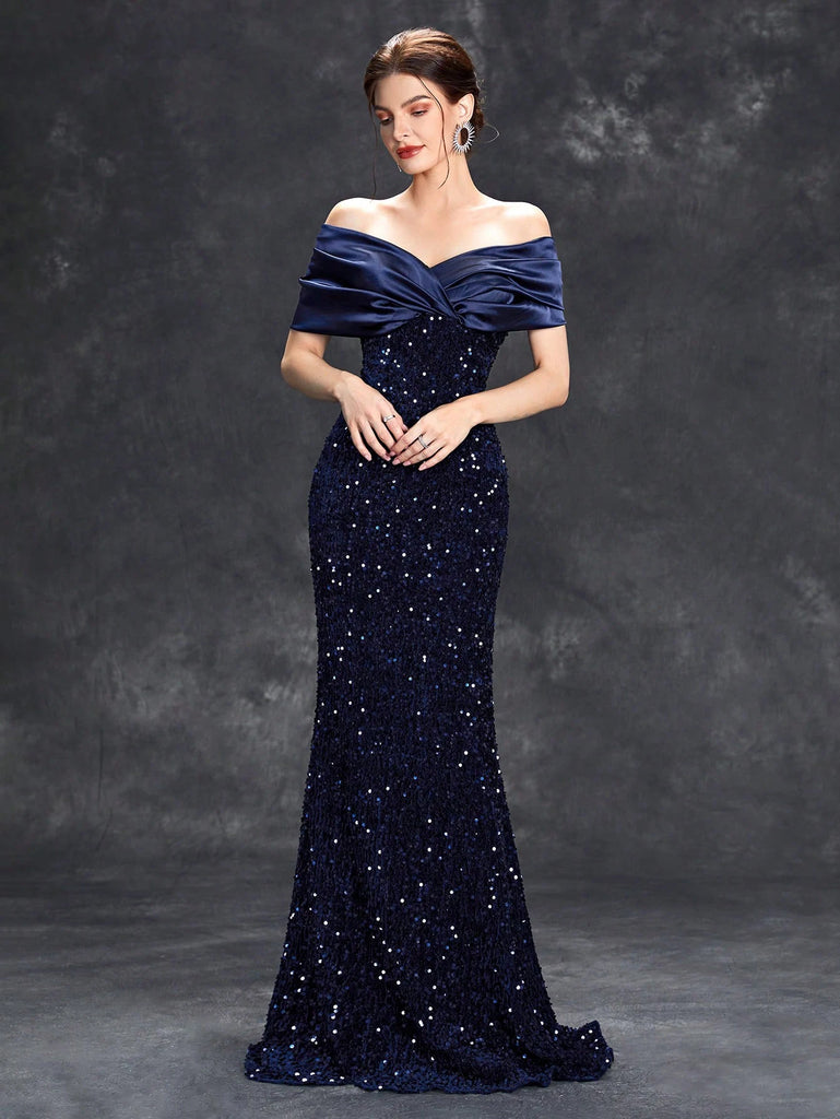 Elegant Line Neck Pleated Tint Sequin Velvet Fishtail Evening Gown with Ball and Party Dress for Bridesmaids