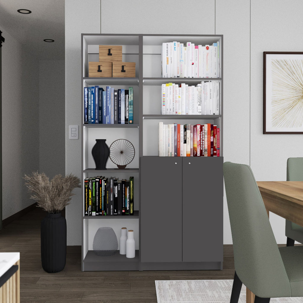 Micco 2 Piece 2 Piece Home Bookcase set, 42" Wide with 8 Shelves and Double Door Cabinet, Living Room Set Matte Gray - White