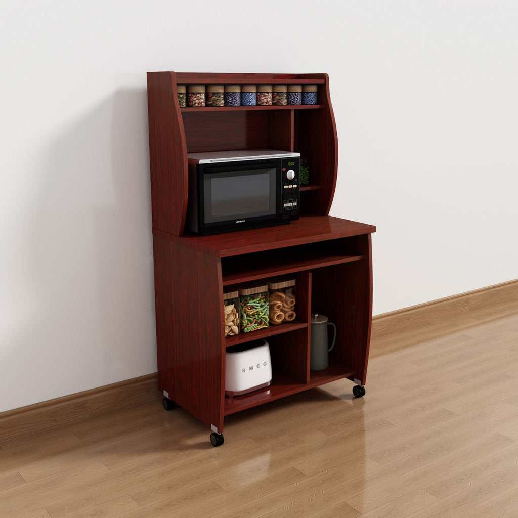 Microwave cart computer cart utility cart with hutch shelves spice rack mobile on locking castors mahogany