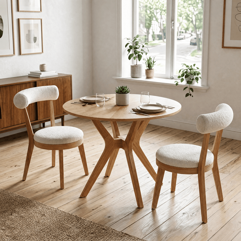 Mid-Century Modern 39.4" Round Dining Table Set with 2 Chairs, Intersecting Wooden Legs, Rubberwood & Plywood Construction, Oak Veneer Finish