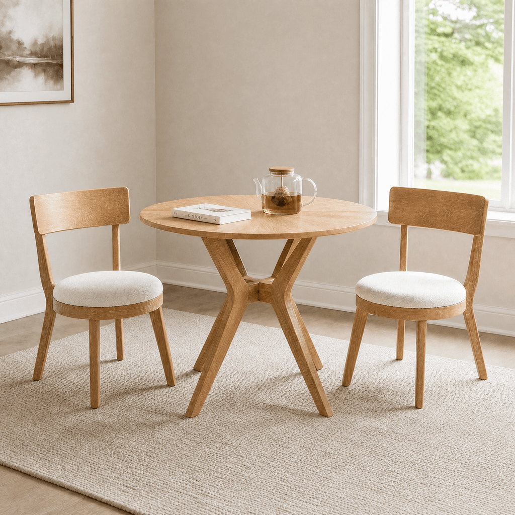 Mid-Century Modern 39.4" Round Dining Table Set with 2 Chairs, Intersecting Wooden Legs, Rubberwood & Plywood Construction, Oak Veneer Finish