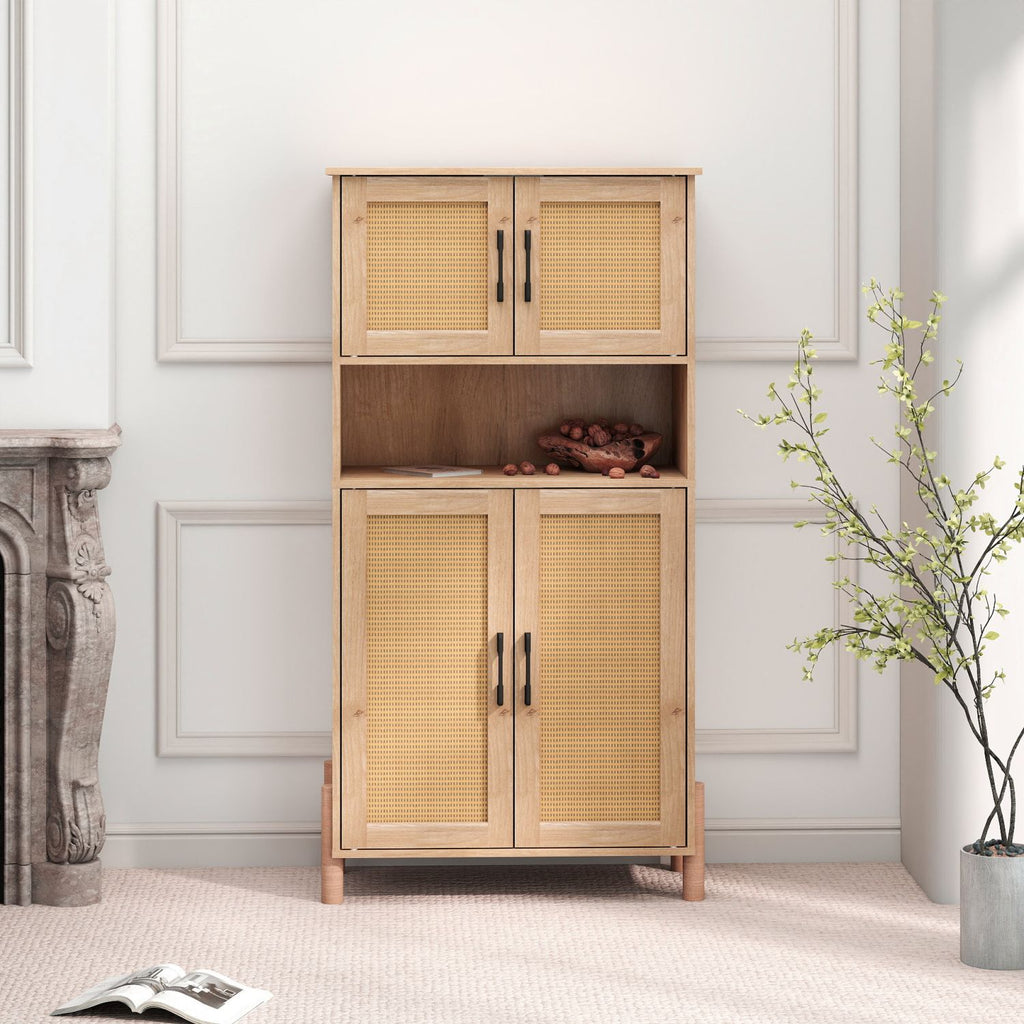 Mid-Century Modern 4-Door Storage Cabinet with Woven Rattan Doors & Adjustable Shelves - Perfect for Living Room & Dining Room