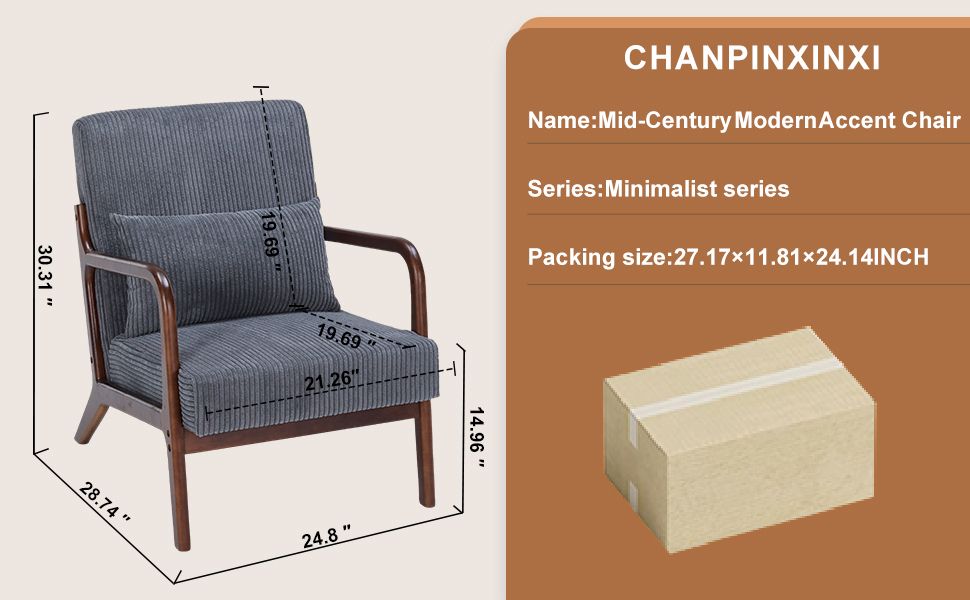 Mid-Century Modern Accent Chair, Arm Chair Living Room Chairs with Pillow Upholstered Reading Chair with Solid Wood Frame & Living Room Bedroom Balcony (Antique Dark Grey)