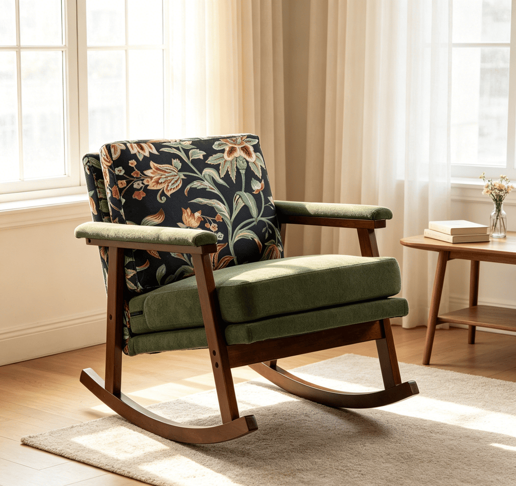 Mid Century Modern Accent Chair ,rocking chair with Solid Wood Frame, Upholstered Living Room Chairs , Reading Armchair for Bedroom Sunroom