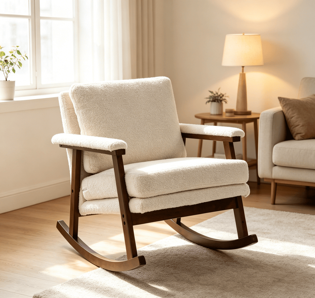 Mid Century Modern Accent Chair ,rocking chair with Solid Wood Frame, Upholstered Living Room Chairs , Reading Armchair for Bedroom Sunroom