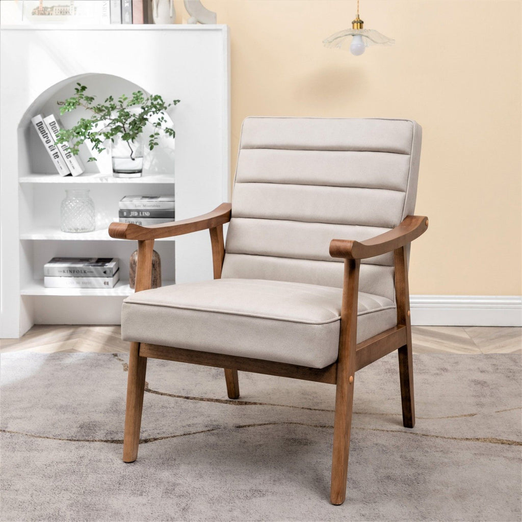 Mid-Century Modern Accent Chair, Solid Wood Frame Leather Look Microfiber Armchair with Open-Framed Arm Design, Plush Padded Seat and Back Cushion for Living Room Bedroom
