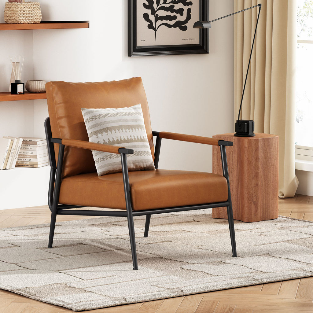 Mid-Century Modern Accent Chair with Brown Faux Leather Upholstery, Padded High Backrest, Metal Frame and Wood Armrests, Perfect for Living Room, Bedroom, or Office