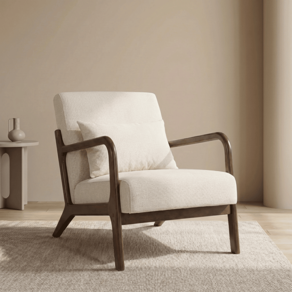 Mid Century Modern Accent Chair with Solid Wood Frame, Upholstered Living Room Chairs with Waist Cushion, Reading Armchair for Bedroom Sunroom