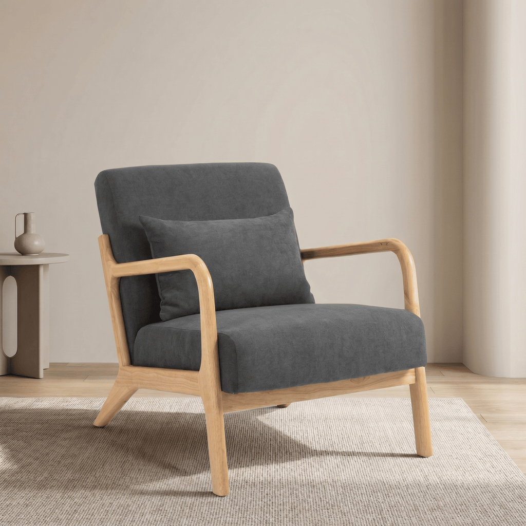 Mid Century Modern Accent Chair with Solid Wood Frame, Upholstered Living Room Chairs with Waist Cushion, Reading Armchair for Bedroom Sunroom