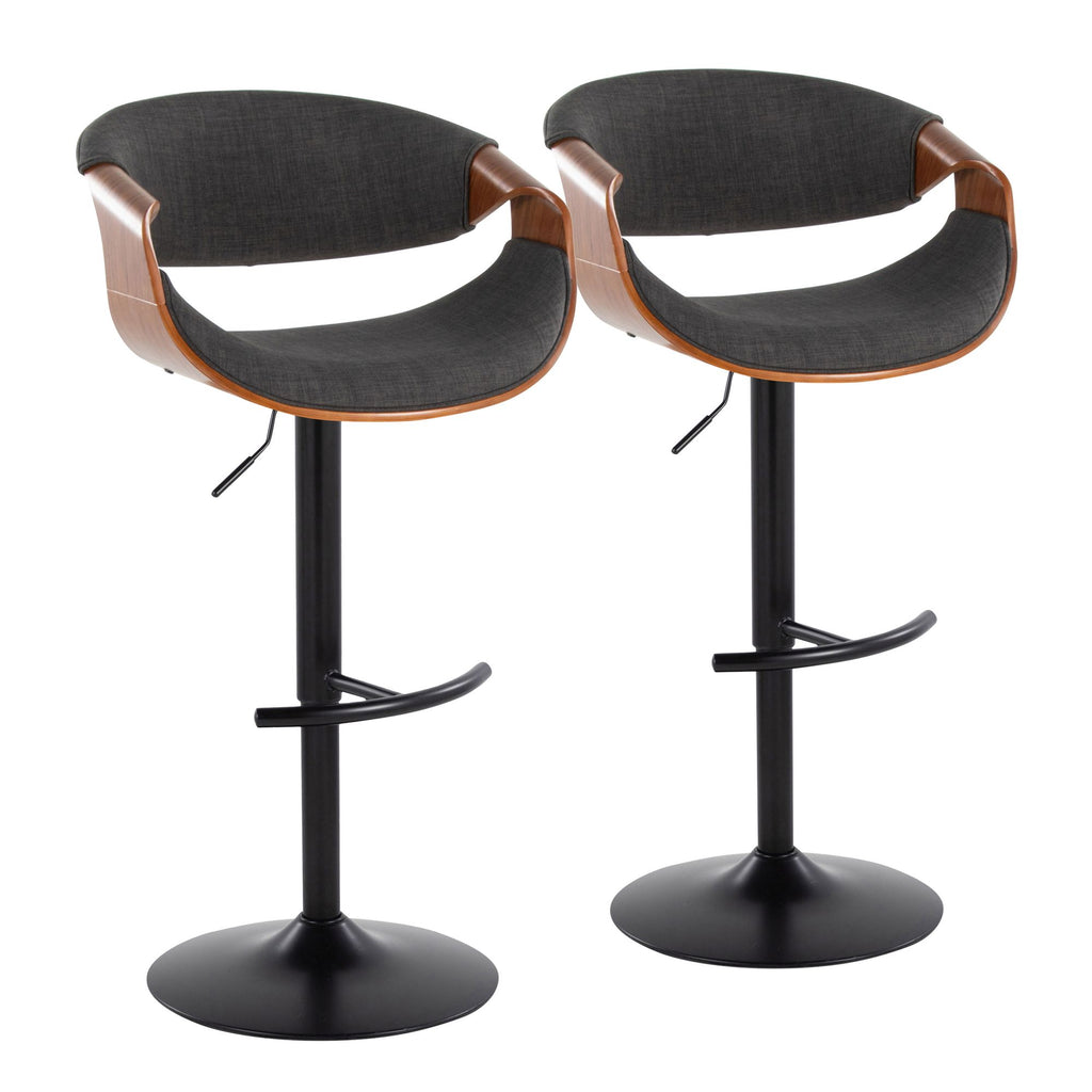 Mid-Century Modern Adjustable Barstool with Swivel in Black Metal, Walnut Wood and Charcoal Fabric with Rounded T Footrest - Set of 2