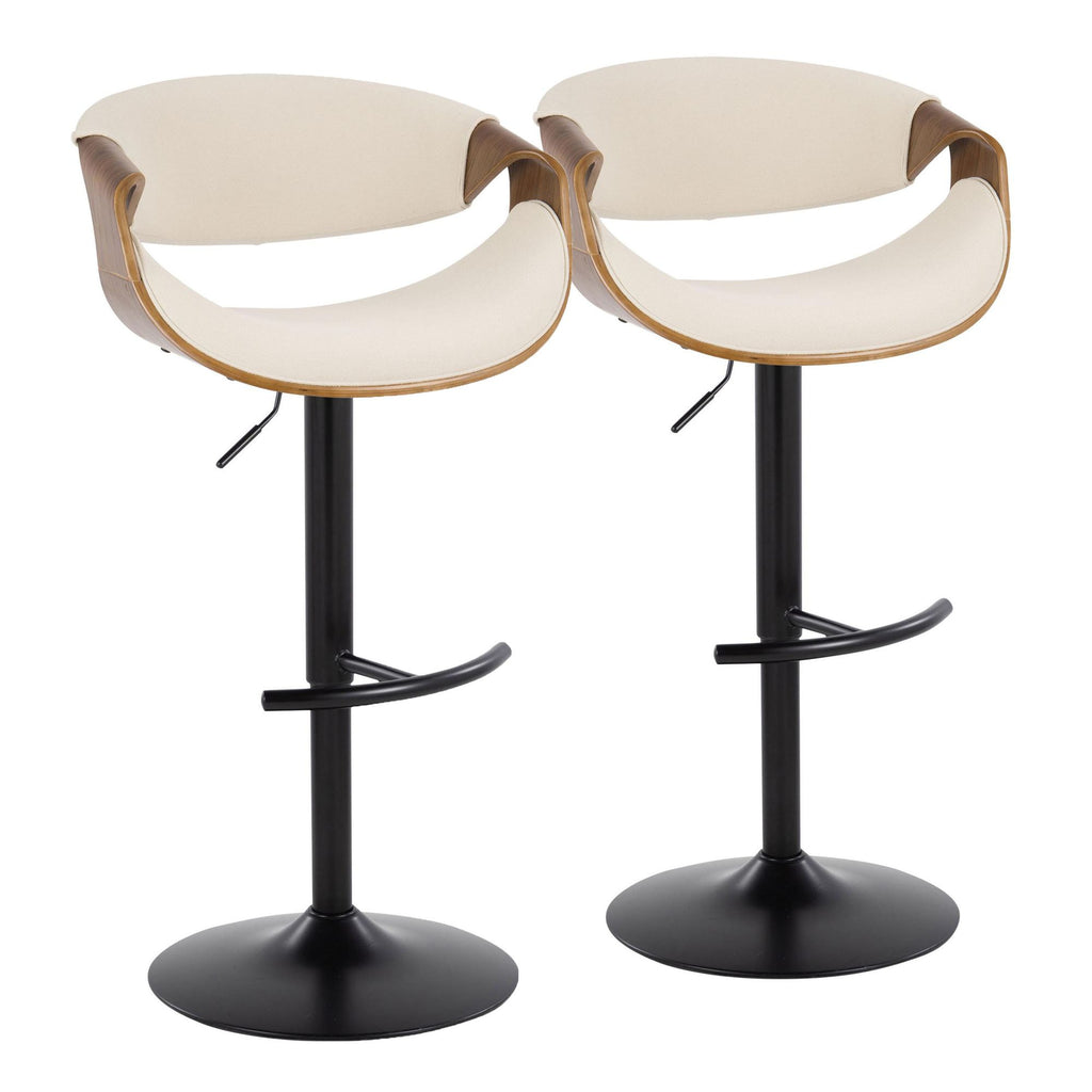 Mid-Century Modern Adjustable Barstool with Swivel in Black Metal, Walnut Wood and Cream Fabric with Rounded T Footrest - Set of 2