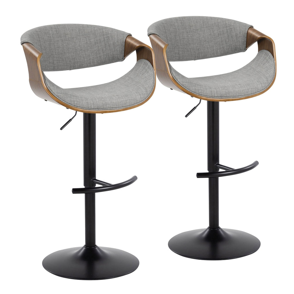 Mid-Century Modern Adjustable Barstool with Swivel in Black Metal, Walnut Wood and Light Grey Fabric with Rounded T Footrest - Set of 2