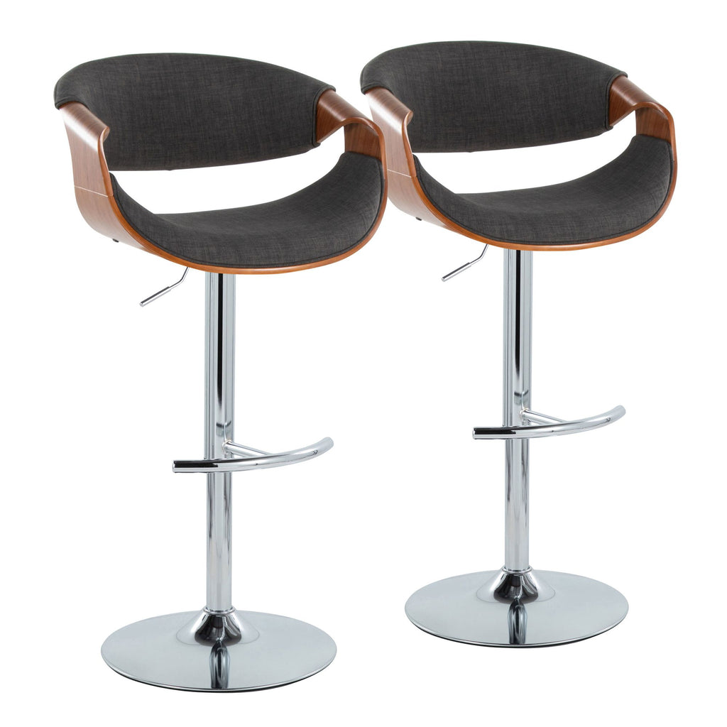 Mid-Century Modern Adjustable Barstool with Swivel in Chrome Metal, Walnut Wood and Charcoal Fabric with Rounded T Footrest - Set of 2