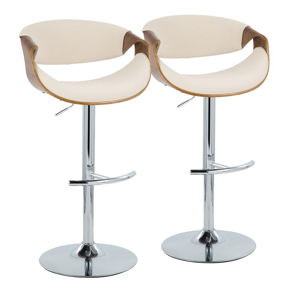 Mid-Century Modern Adjustable Barstool with Swivel in Chrome Metal, Walnut Wood and Cream Fabric with Rounded T Footrest - Set of 2