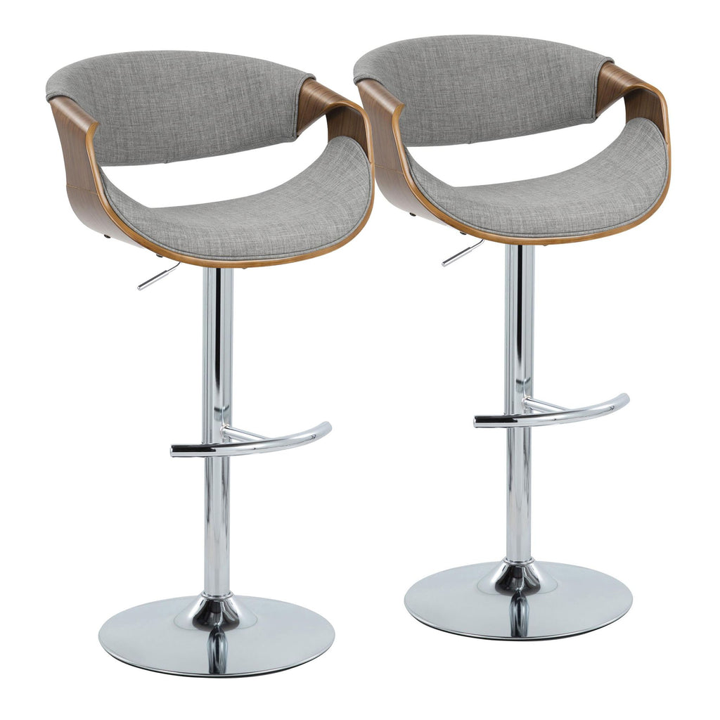Mid-Century Modern Adjustable Barstool with Swivel in Chrome Metal, Walnut Wood and Light Grey Fabric with Rounded T Footrest - Set of 2
