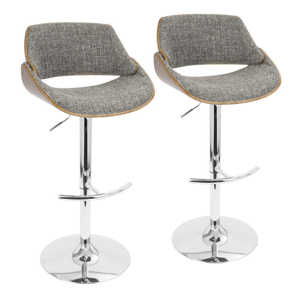 Mid-Century Modern Adjustable Barstool with Swivel in Chrome, Walnut and Grey Noise Fabric - Set of 2