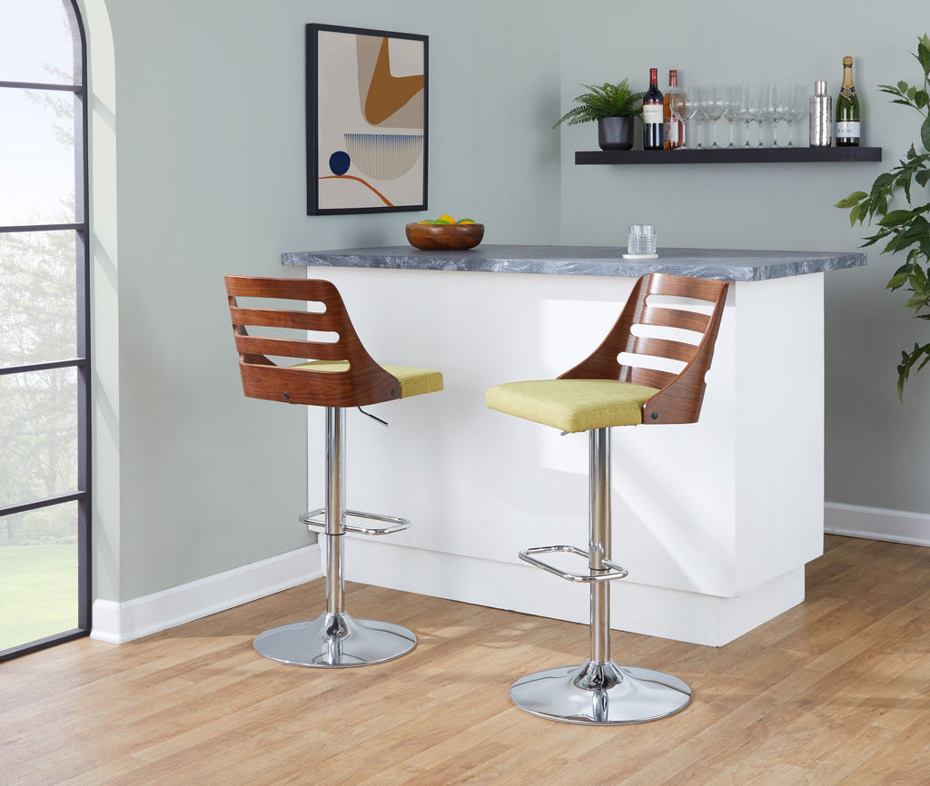 Mid-Century Modern Adjustable Barstool with Swivel in Walnut and Green