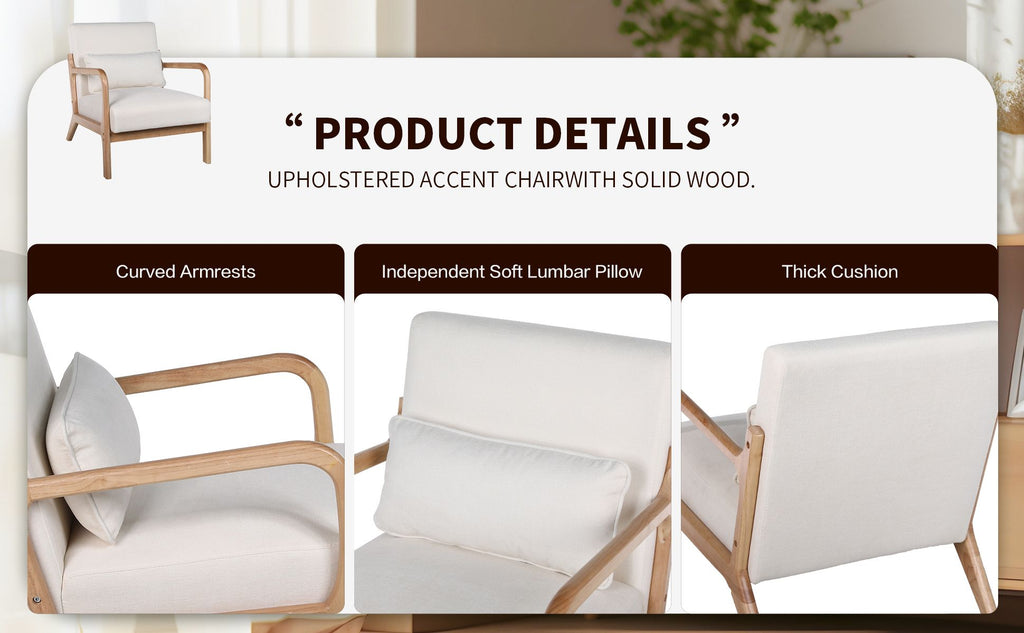 Mid Century Modern Armchair, Accent Chair with Solid Wood Frame and Detachable Lumbar Pillow for Living Room, Bedroom, Office(Beige)Chair Frame with a Nature Finish