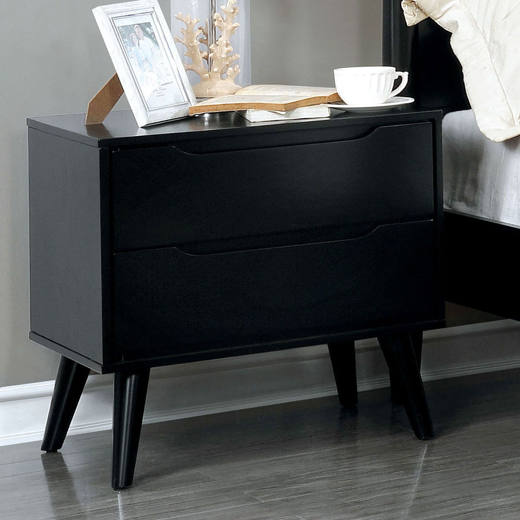 Mid-Century Modern Black Color 1pc Nightstand Bedroom Furniture Solid wood Round Tapered Legs 2-Drawers Bedside Table