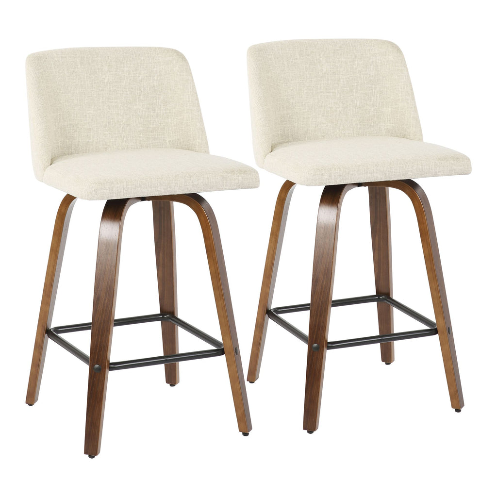 Mid-Century Modern Counter Stool in Walnut and Cream Fabric - Set of 2