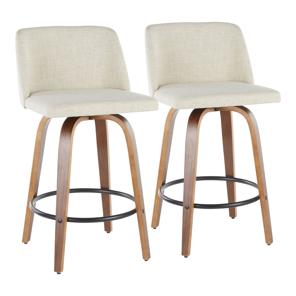 Mid-Century Modern Counter Stool in Walnut and Cream Fabric - Set of 2