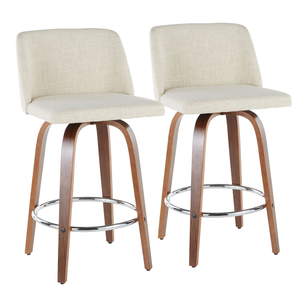 Mid-Century Modern Counter Stool in Walnut and Cream Fabric - Set of 2