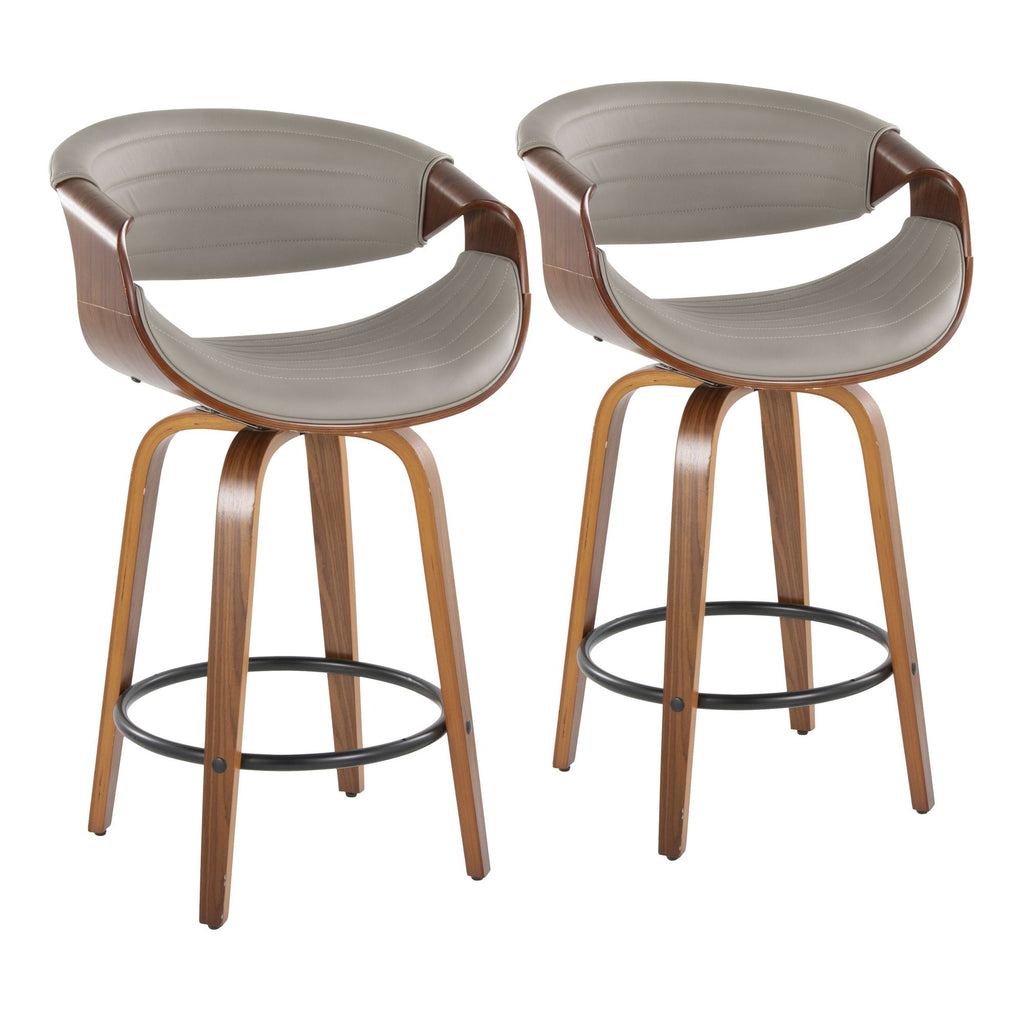 Mid-Century Modern Counter Stool in Walnut and Grey Faux Leather - Set of 2
