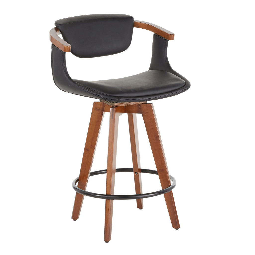 Mid-Century Modern Counter Stool in Walnut Bamboo and Black Faux Leather