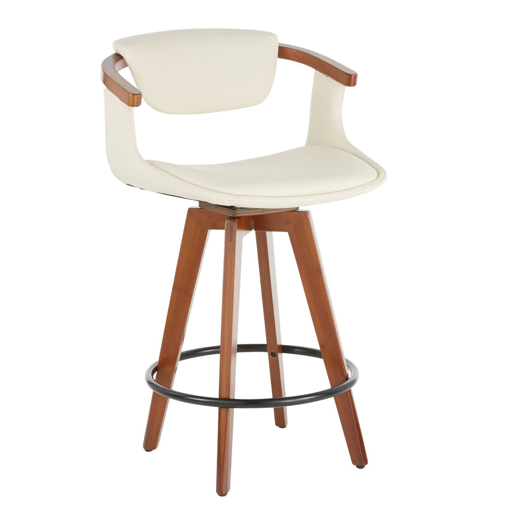 Mid-Century Modern Counter Stool in Walnut Bamboo and Cream Faux Leather