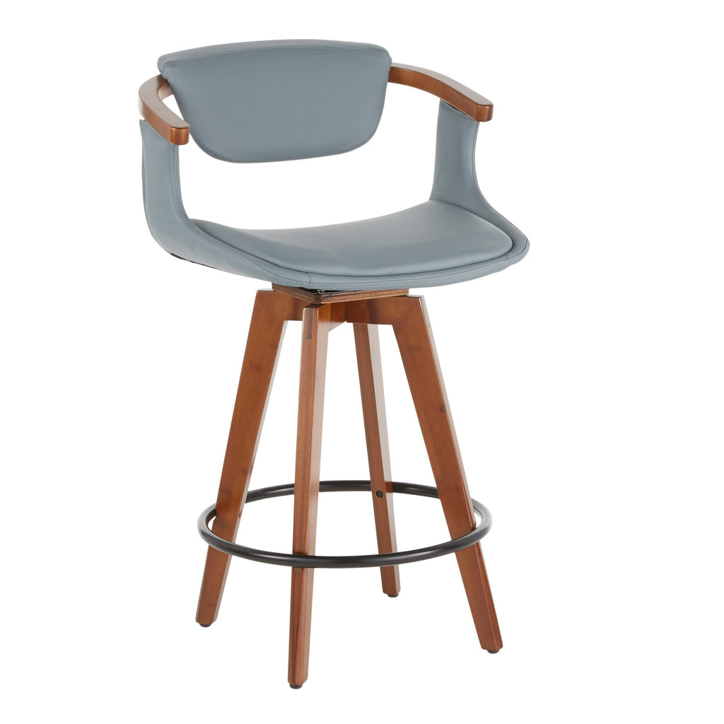 Mid-Century Modern Counter Stool in Walnut Bamboo and Grey Faux Leather