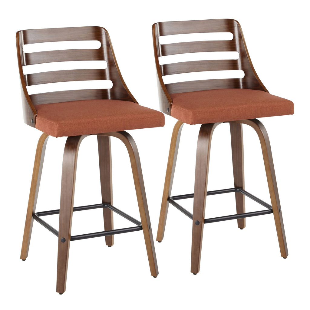Mid-Century Modern Counter Stool in Walnut Wood and Orange Fabric - Set of 2