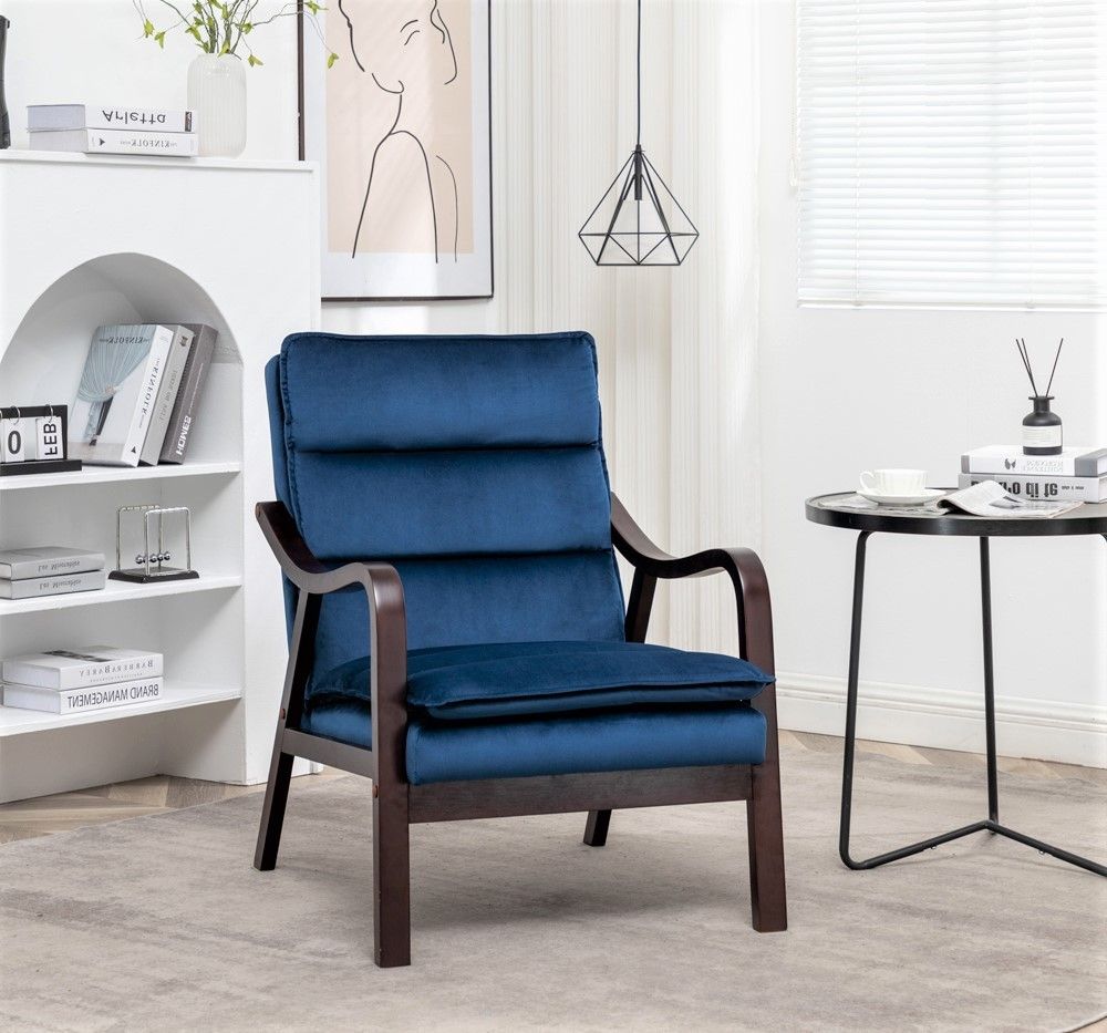 Mid-Century Modern Dark Blue Accent Chair with Wood Armrest, Upholstered Reading Chair for Living Room Bedroom